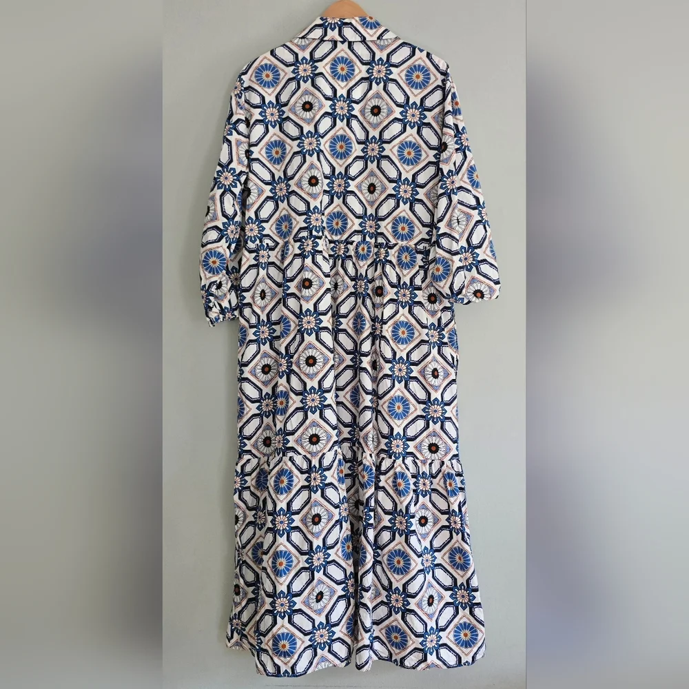 Anthropologie Maeve The Bettina in Sapphire White Tile Tiered Shirt Dress, Large - Picture 4 of 13